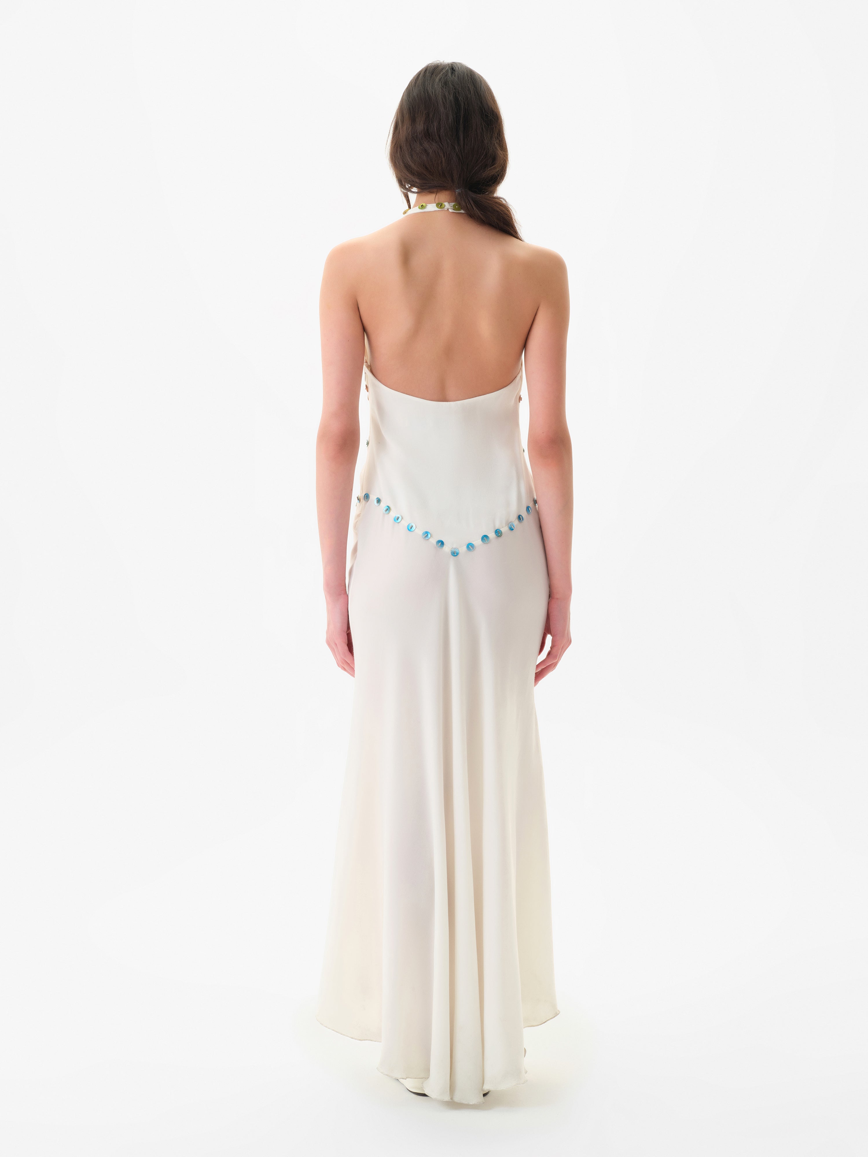 VICKA - Satin maxi dress with multicolored bead embroidery