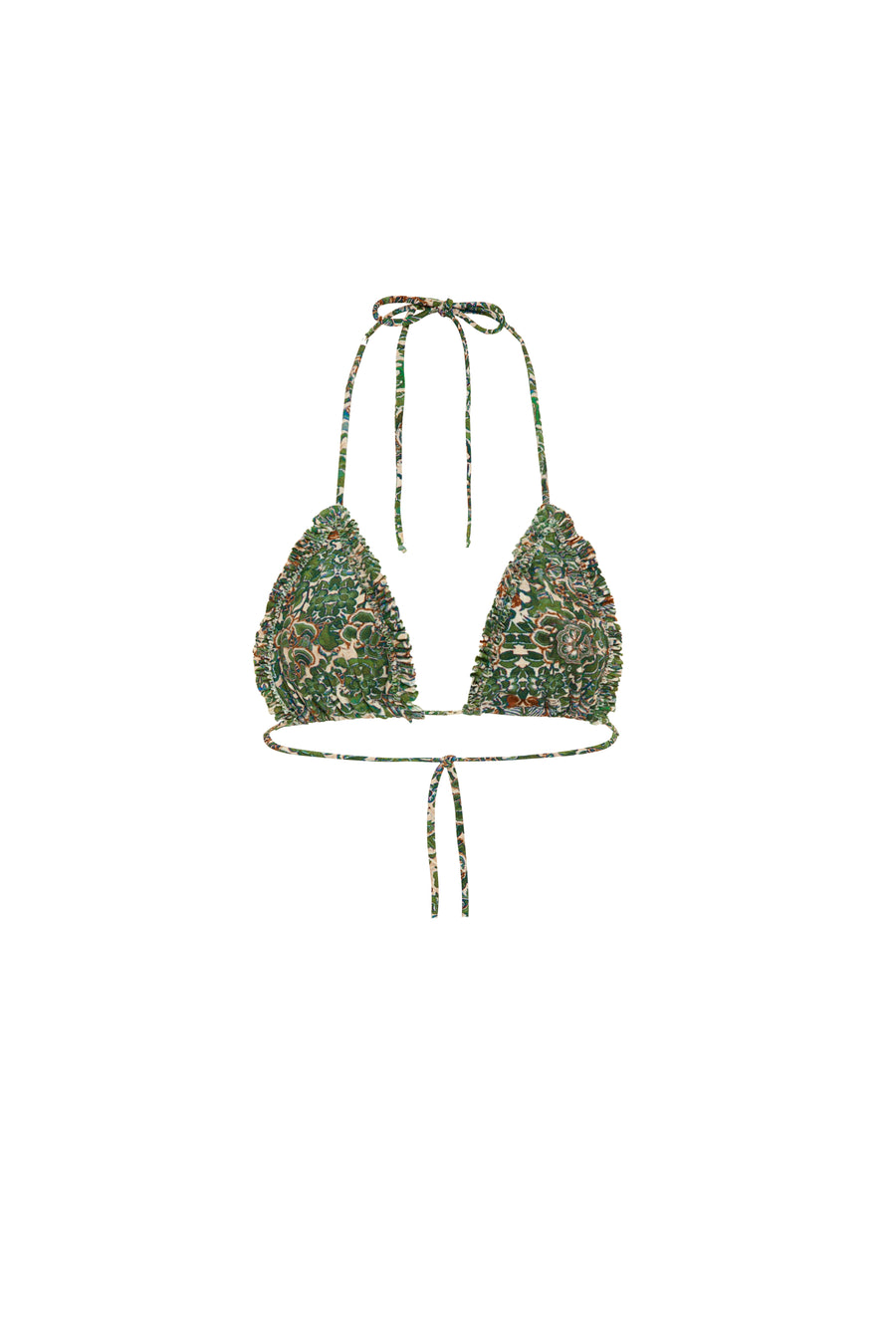VULF - Printed triangle bikini top with ruflles