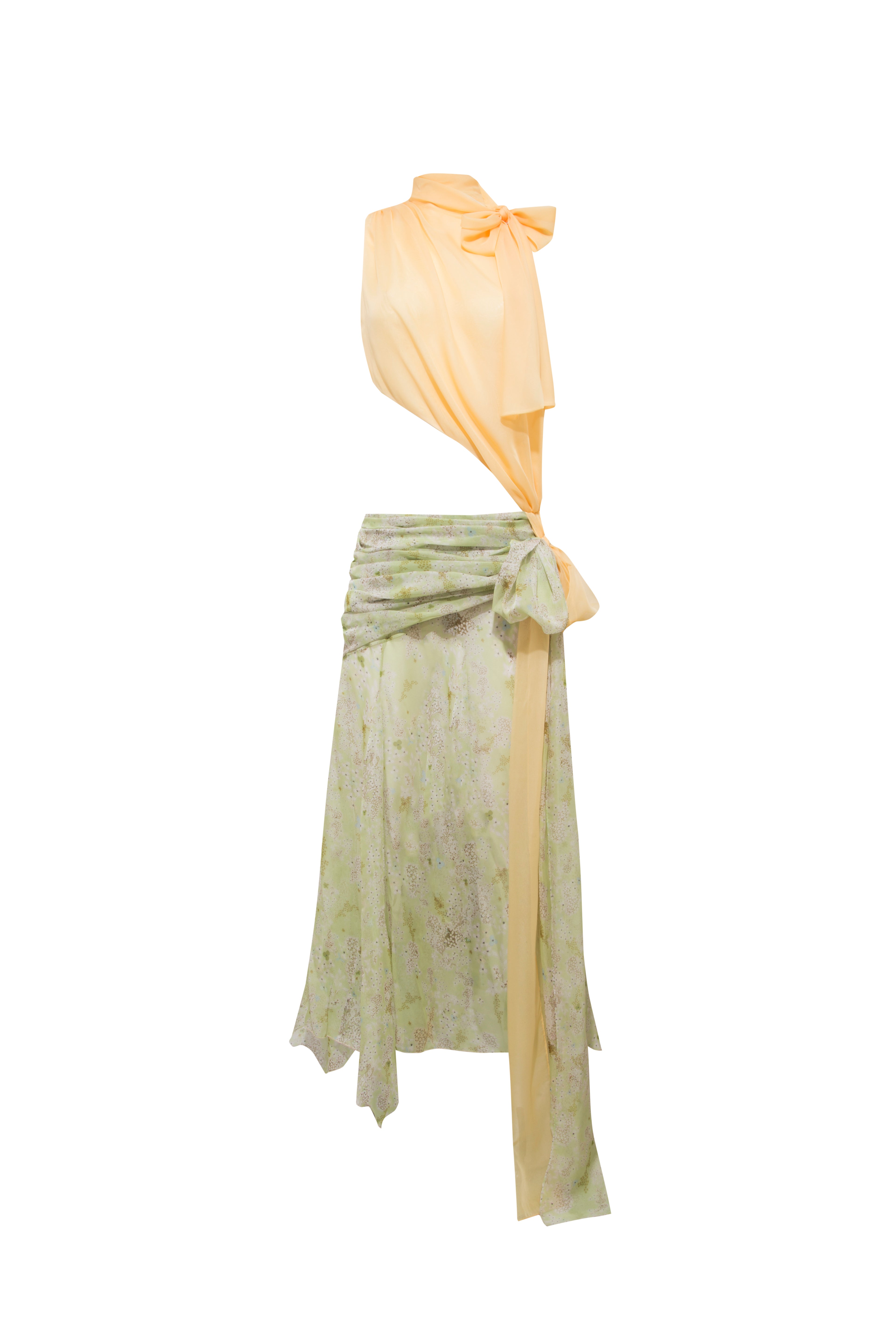 DALIA - Two-tone draped chiffon gown with bow detail