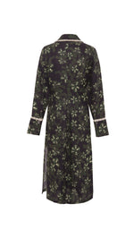 ALINDA - Floral print shirt style linen midi dress with contrast fringe trim