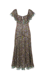 CAENES - Printed chiffon dress with ruffled neckline