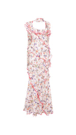 MONICA - Ruffled devoré chiffon maxi dress with scarf detail