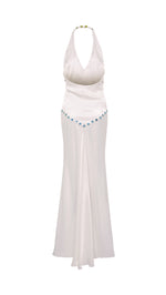 VICKA - Satin maxi dress with multicolored bead embroidery