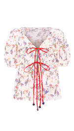 EMMA - Floral print v-neck mesh top with cntrast bust tie detail