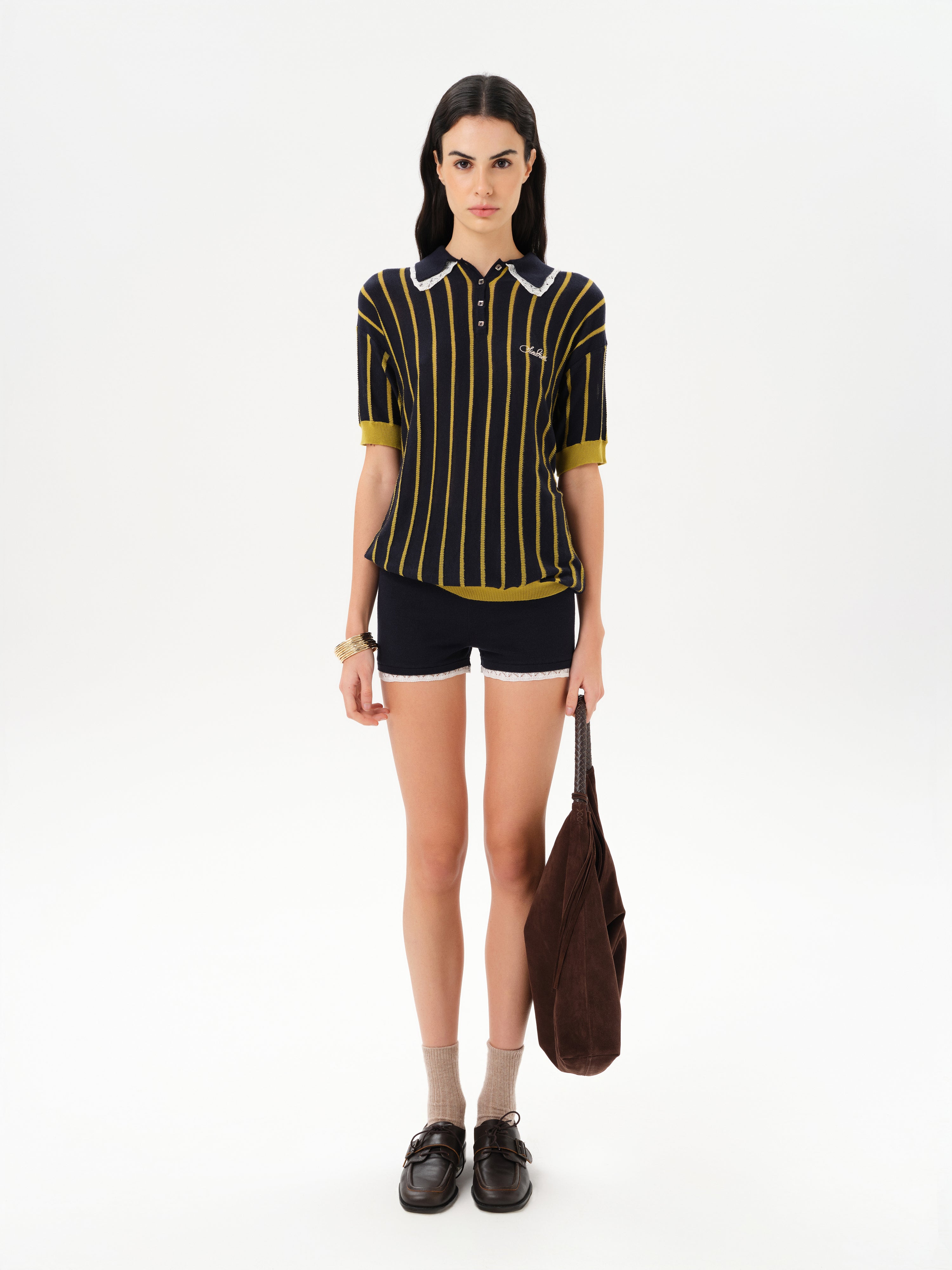YUAN - Striped knit polo top