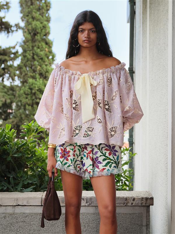 LUNE - Ruffled puff sleeve top with ivory floral embroidery