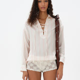 LINDY - Striped open-collar lace-up shirt