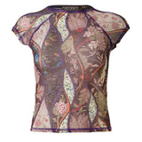 DORA - Contrast-stitched printed semi-sheer t-shirt