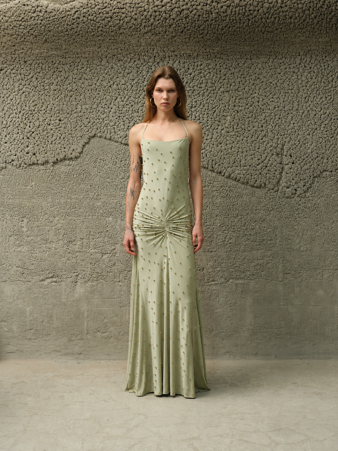 NENSI - Gold studded jersey slip maxi dress