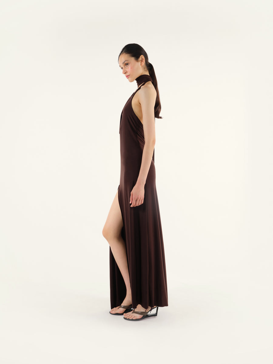 CEYL - Halterneck asymmetric jersey dress with slit and bodysuit