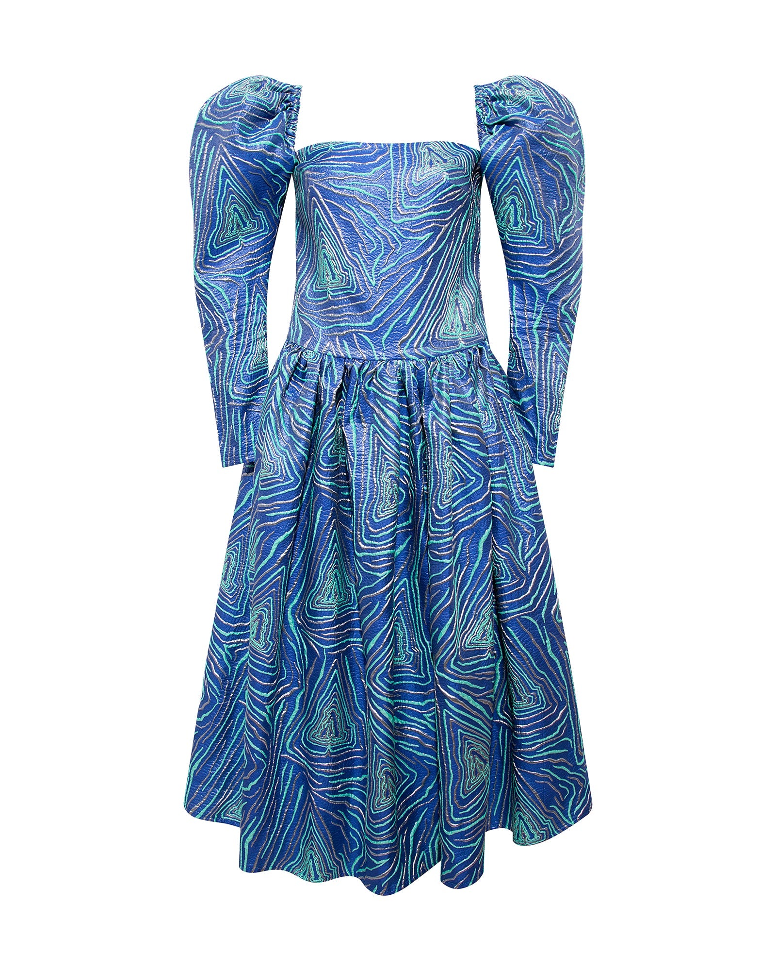 LIAM - Balloon sleeve blue jacquard midi dress