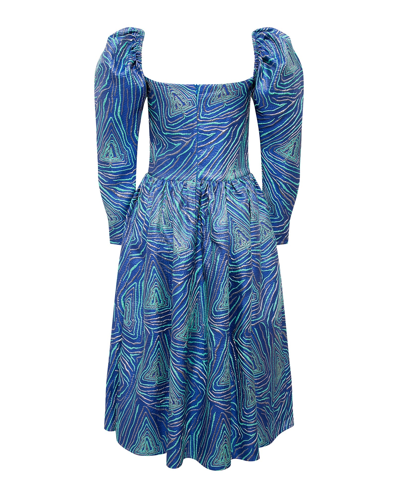 LIAM - Balloon sleeve blue jacquard midi dress