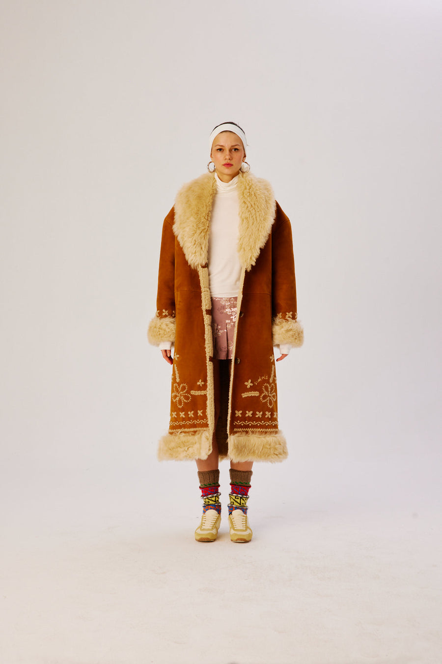 KENY - Embroidered shearling trimmed coat