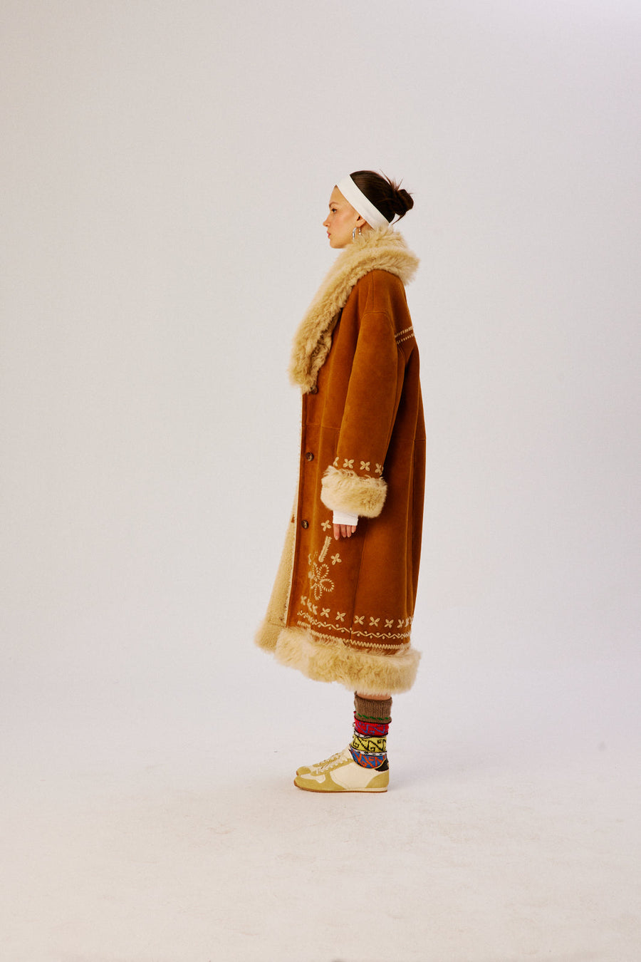 KENY - Embroidered shearling trimmed coat