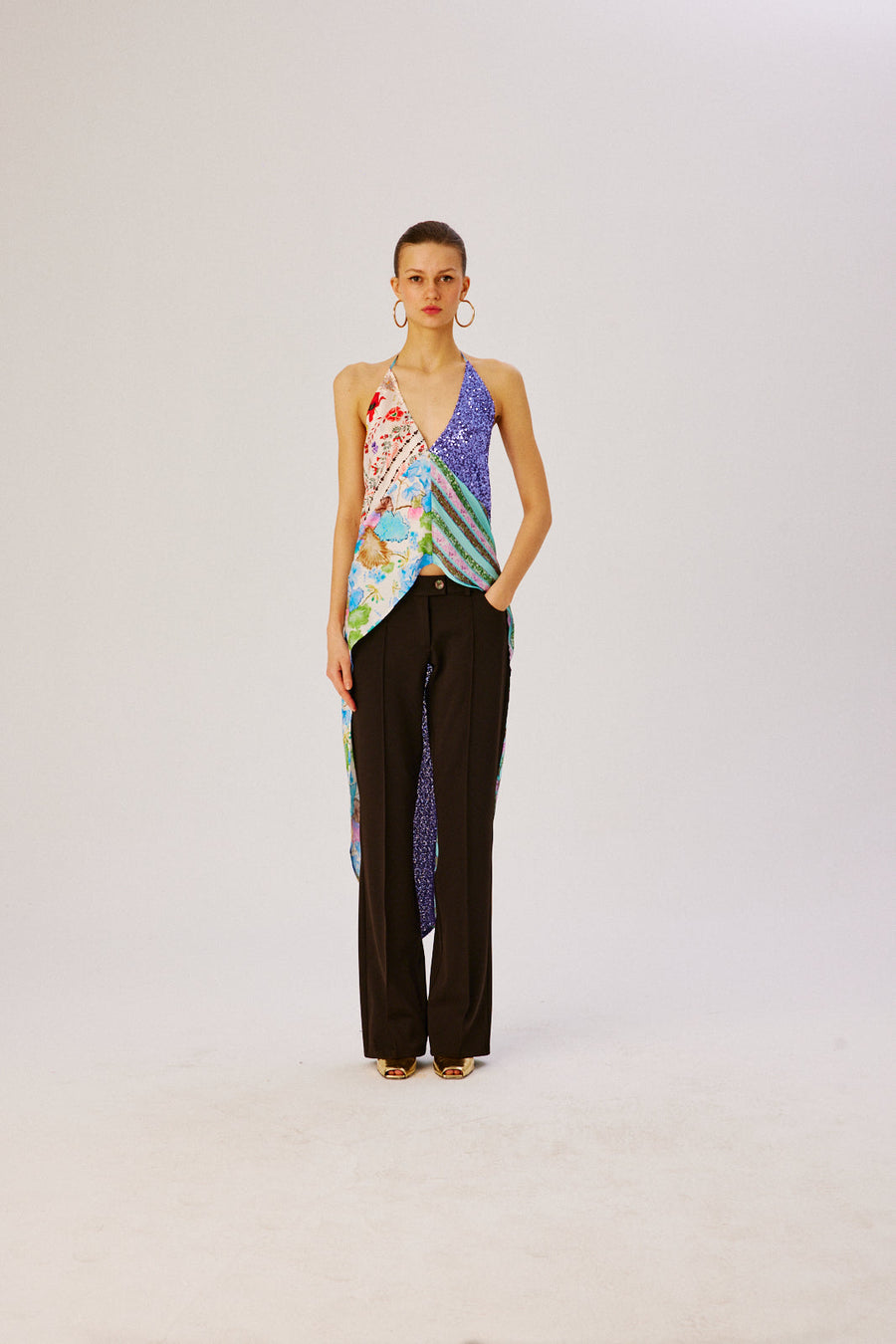 SIGNE - Multi printed asymetrical halter neck blouse
