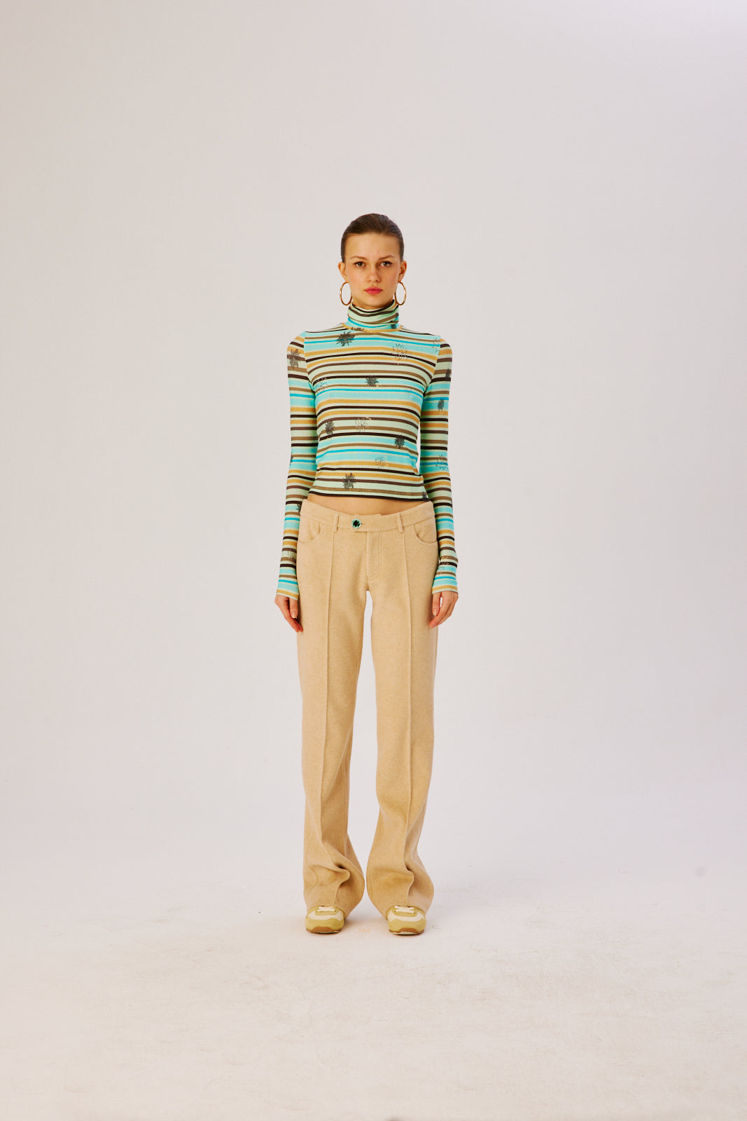 CODY - Floral stripe print fitted turtle neck top