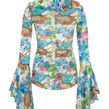 HAILEY - Fluted sleeve blouse with ruffle details