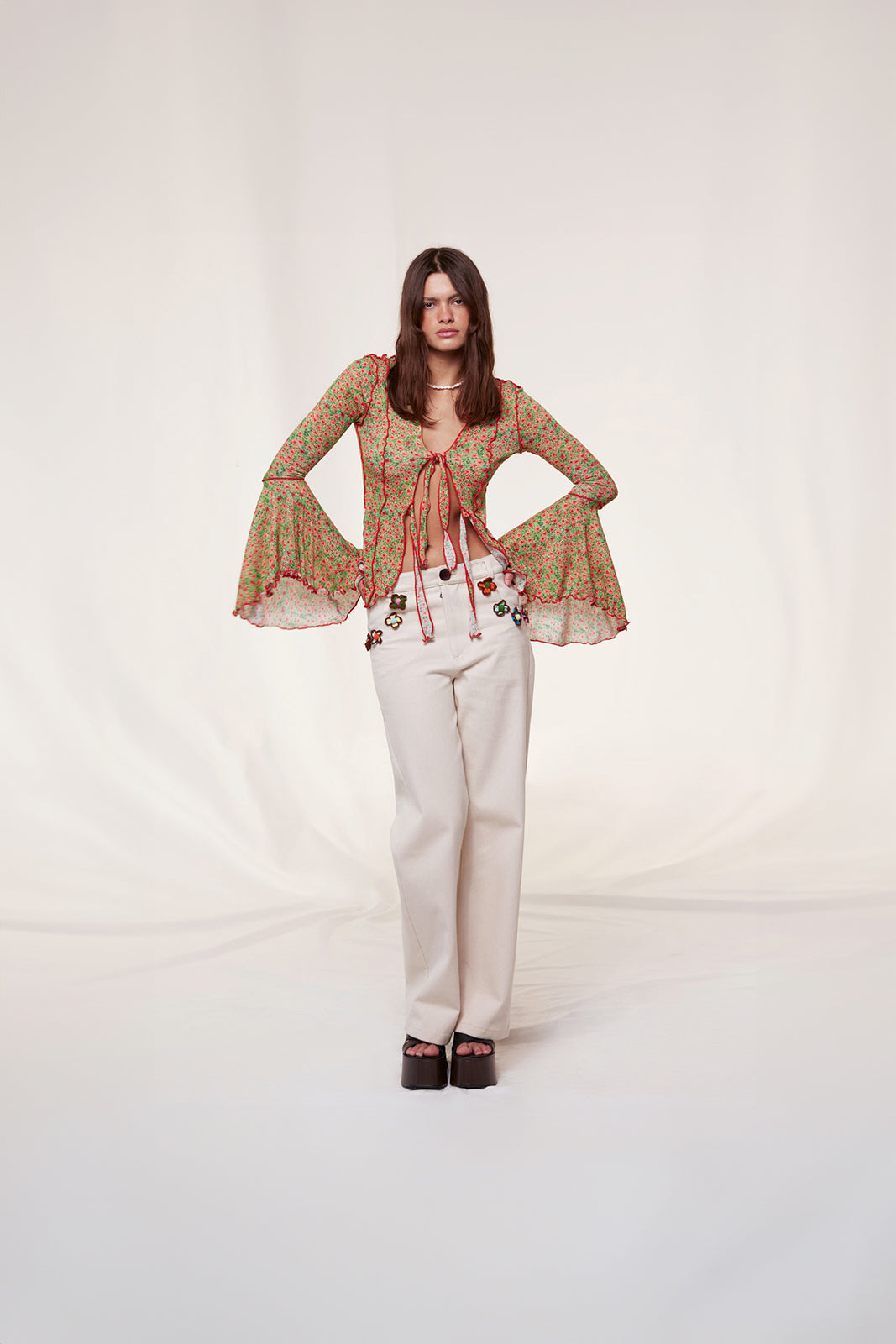 ZEE - Fluted sleeve tie-front knit shirt