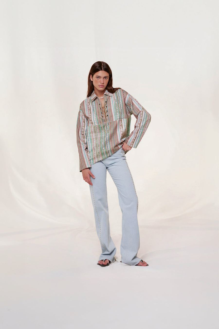 ATINI - Open-collar long sleeve cotton overshirt